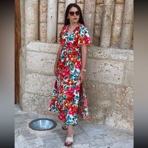 SHEIN VCAY Floral Print Butterfly Sleeve Split Thigh Belted Dress